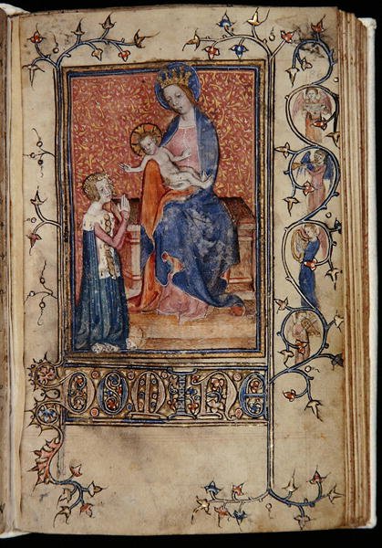 Ms 48, f.86r: Właścicielka rękopisu modląca się do Dziewicy z Dzieciątkiem, z Godzin Carew-Poyntz, Używanie Sarum, ok. 1390-1400 (welum) autorstwa English School