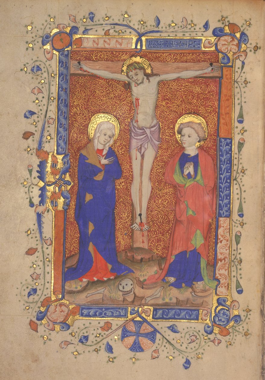 Ms 515 fol.108r Ukrzyżowanie z Marią i św. Janem Chrzcicielem, z Mszału św. Botolpha Aldersgate, ok. 1420-30 autorstwa English School