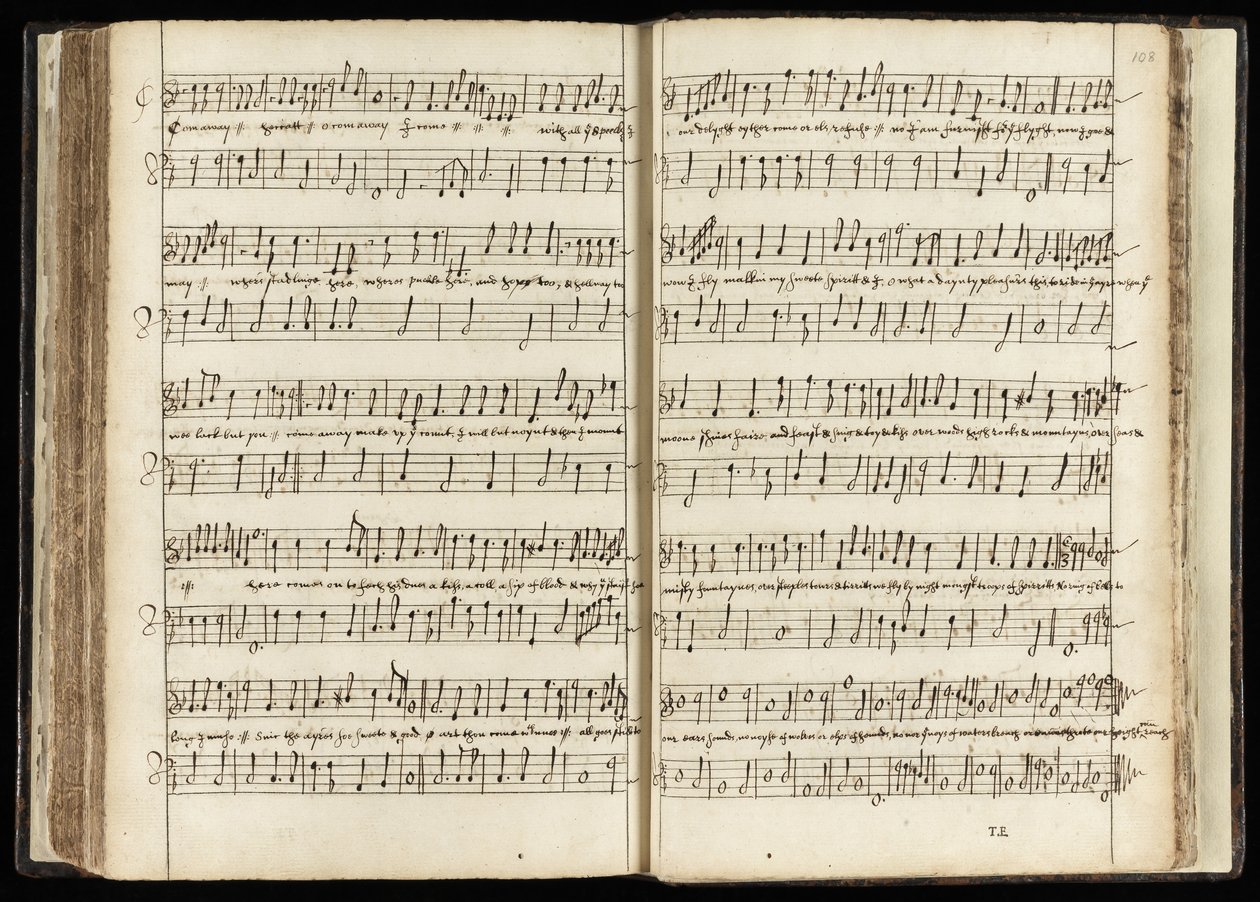 Ms 782 ff.107v-108 "Chodź stąd, odejdź Hekate", nuta do "Makbeta" (tusz na papierze) autorstwa English School