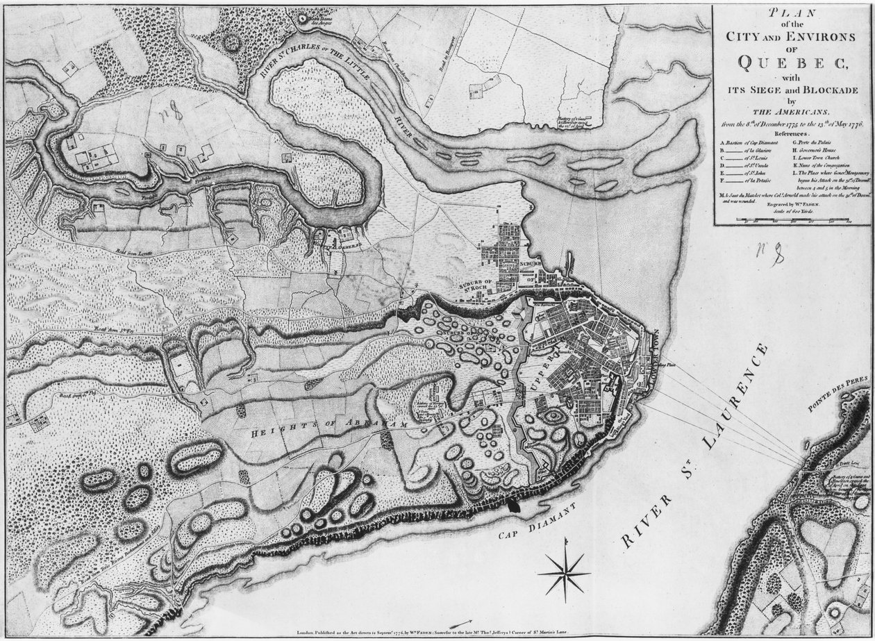 Ms A 224 f.8 Mapa miasta i okolic Quebecu z jego oblężeniem i blokadą przez Amerykanów, ilustracja z „Atlas de la guerre d