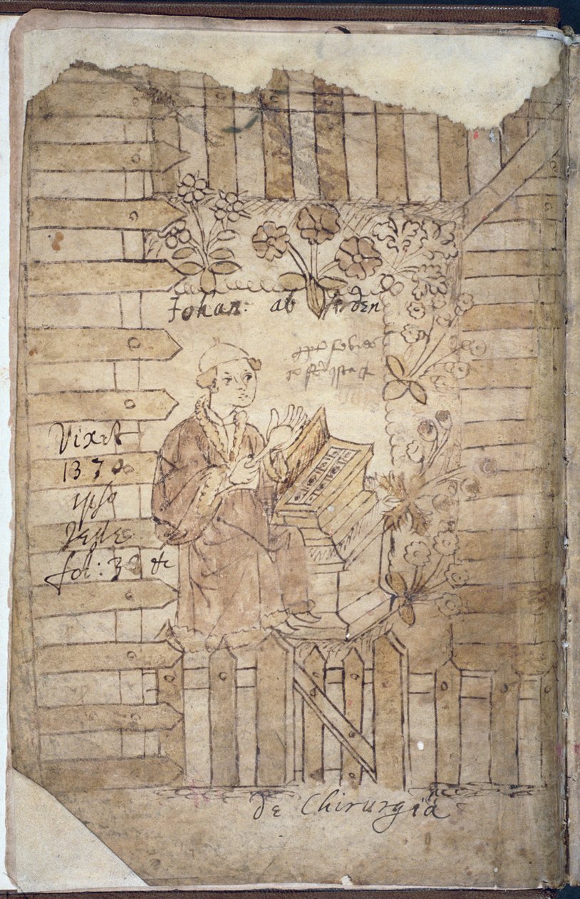 Pani Hunter 112 f.1v Arderne w ogrodzie ziołowym, z Incerti Avctoris Johannisa Arderne autorstwa English School