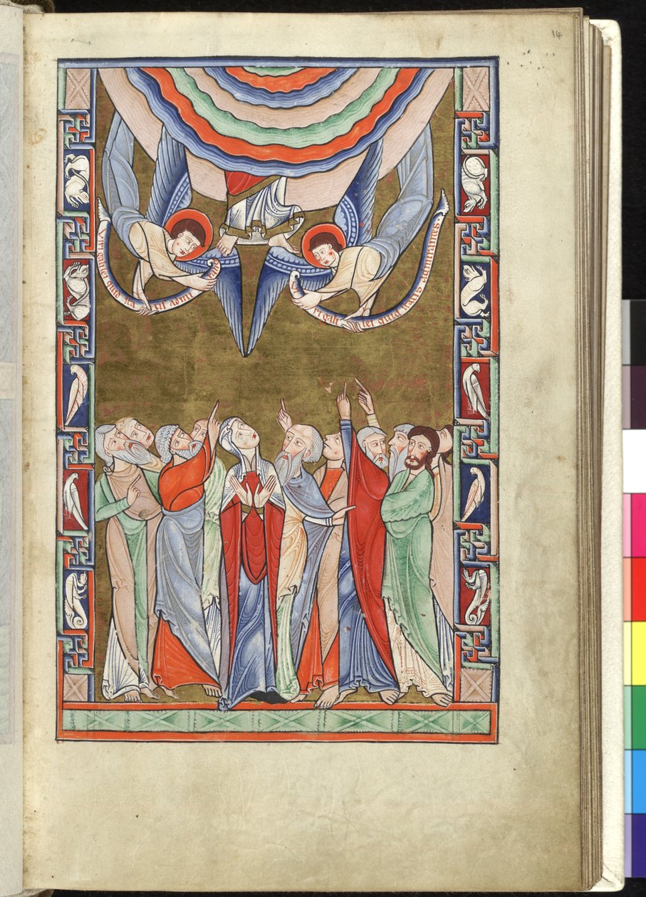 Ms Hunter 229 f.14r Wniebowstąpienie, z psałterza Huntera, ok. 1170 (pióro i atrament oraz tempera na welinie) autorstwa English School