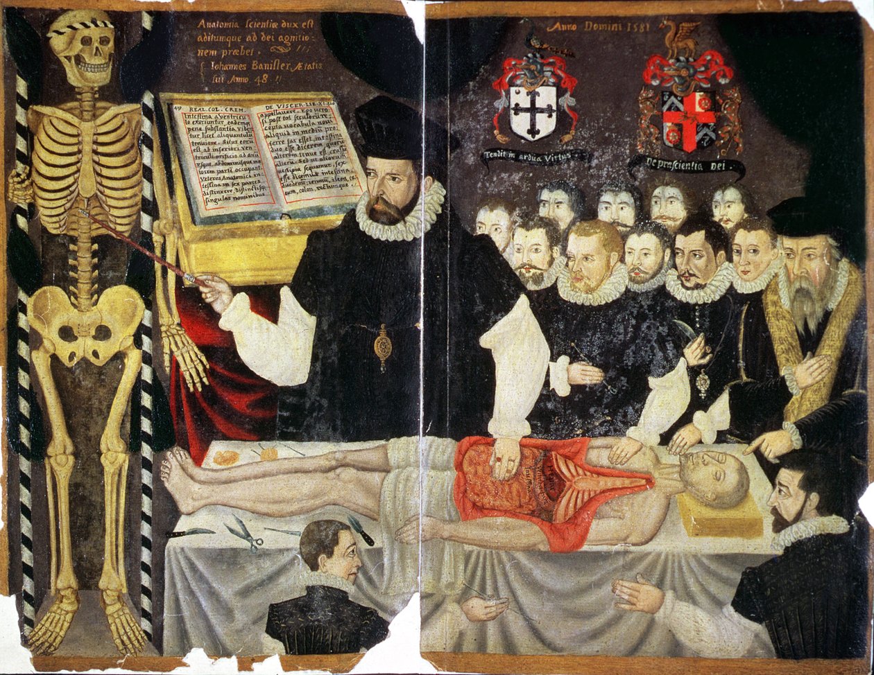 Ms Hunter 364 Top v14 fol.59 Frontispiece, wykład Johna Bannistera z sekcją (olej na brązowym papierze) autorstwa English School