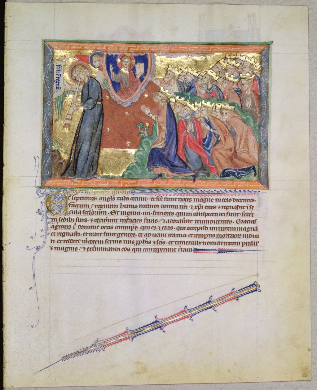 Ms L.A. 139-Lisboa fol.28 Siódmy anioł dmący w trąbę i 24 starszych wielbiących Boga, z Apokalipsy Gulbenkian, ok. 1265-70 autorstwa English School