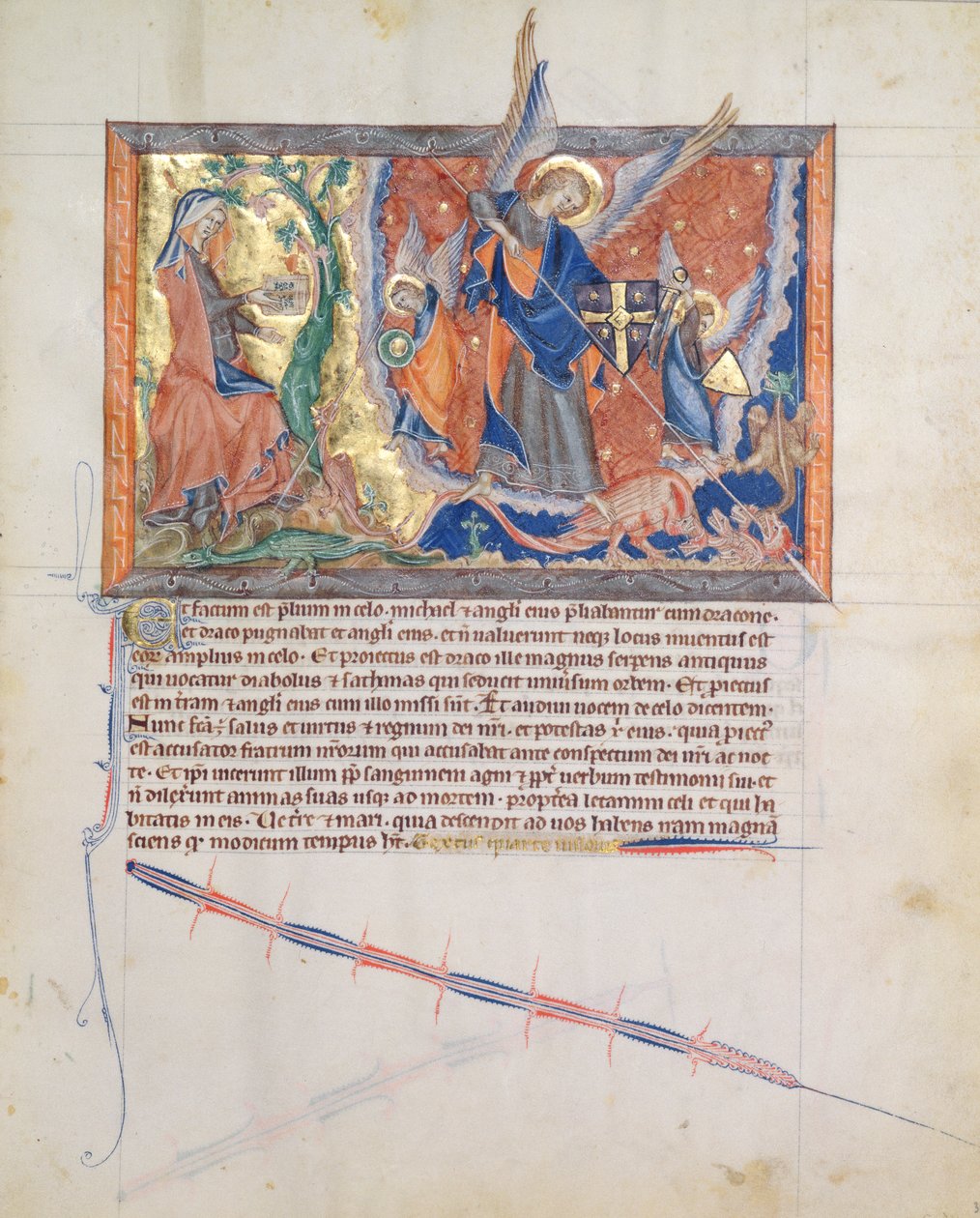 Ms L.A. 139-Lisboa fol.30 Kobieta ukryta na pustyni podczas gdy Archanioł Michał walczy ze smokiem w Niebie, z Apokalipsy Gulbenkian, c.1265-70 autorstwa English School