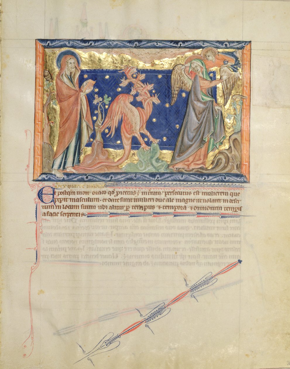 Ms L.A. 139-Lisboa fol.31 Św. Jan obserwujący anioła pomagającego kobiecie uciec przed czerwonym smokiem, z Apokalipsy Gulbenkian, c.1265-70 autorstwa English School