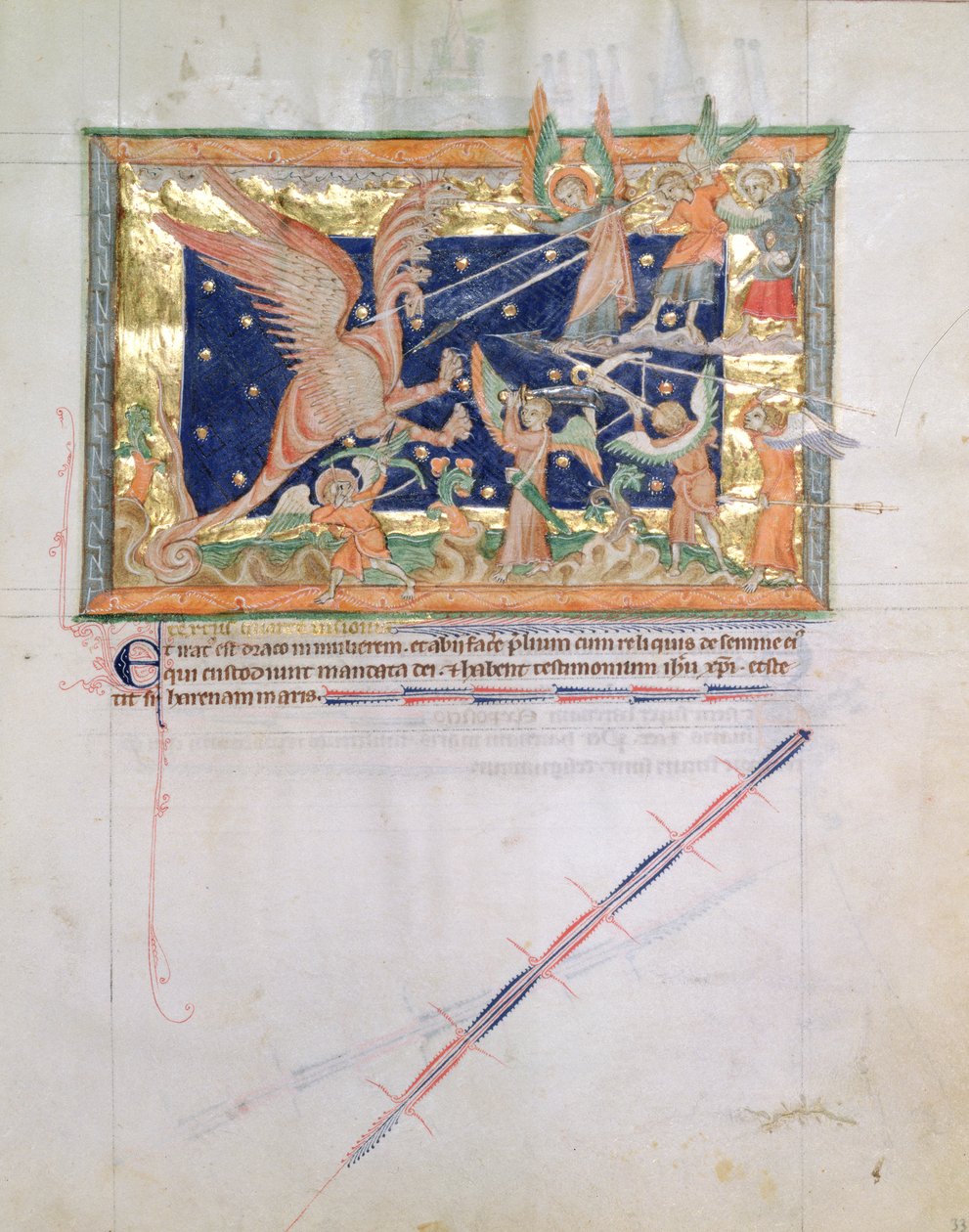 Ms L.A. 139-Lisboa fol.33 Smok prowadzący wojnę z wiernymi, z Apokalipsy Gulbenkian, c.1265-70 autorstwa English School