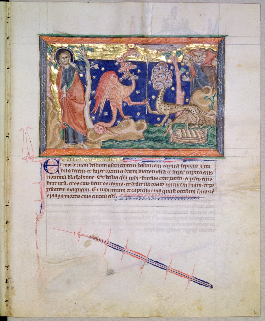 Ms L.A. 139-Lisboa fol.34 Czerwony smok przekazujący swoją władzę bestii morskiej, z Apokalipsy Gulbenkian, c.1265-70 autorstwa English School