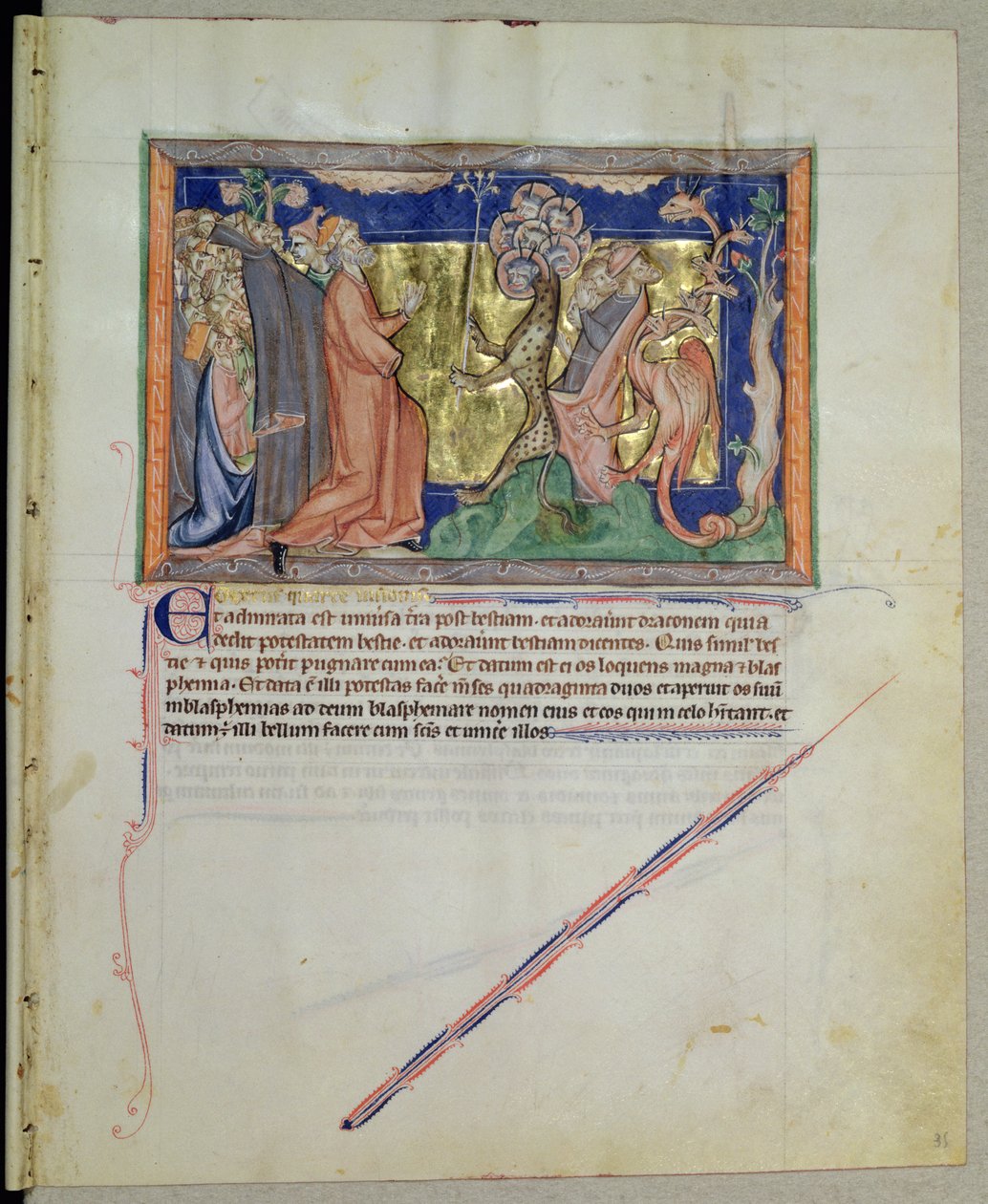Ms L.A. 139-Lisboa fol.35 Ludzie czczący bestię i smoka, z Apokalipsy Gulbenkian, c.1265-70 autorstwa English School