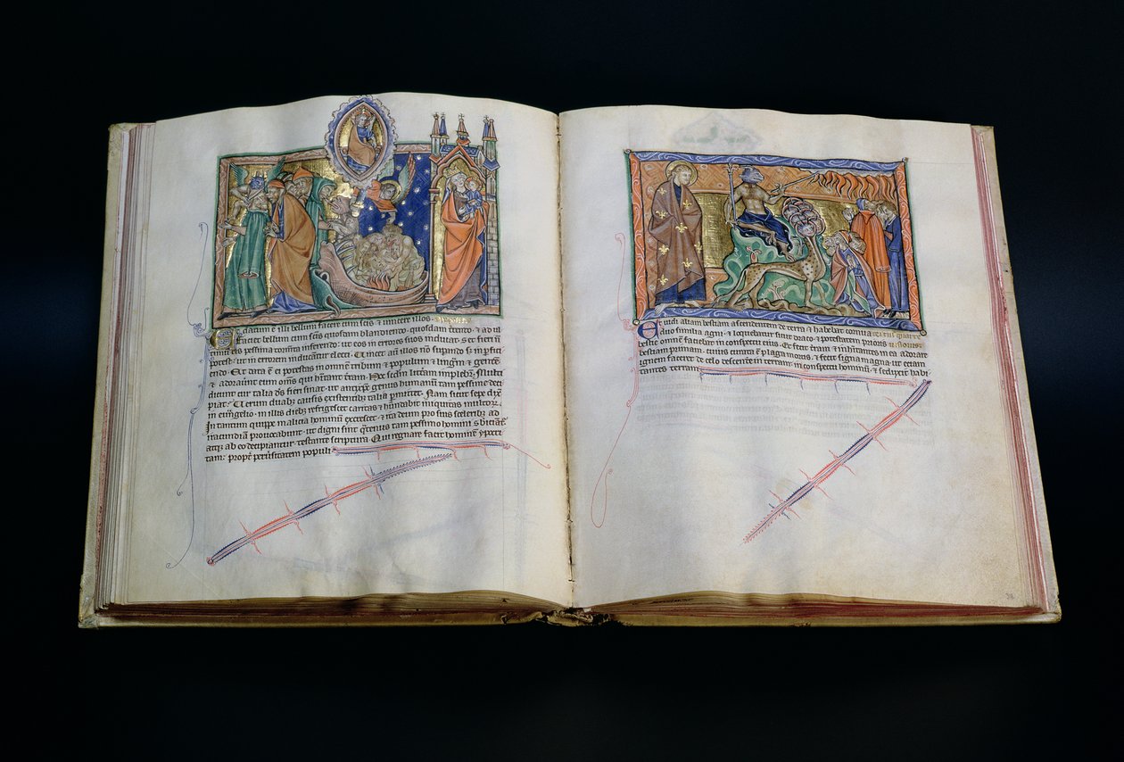Ms L.A. 139-Lisboa fol.37 v-38 Bestia bluźni imieniu Boga i ludzie czczący 3. i 2. bestię, z Apokalipsy Gulbenkian, c.1265-70 autorstwa English School