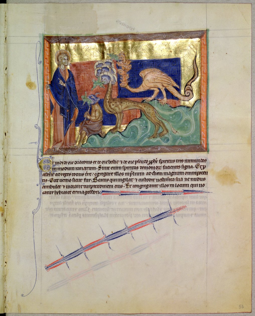 Ms L.A. 139-Lisboa fol.56 Św. Jan Ewangelista obserwujący żaby wychodzące z paszczy 3 bestii, z Apokalipsy Gulbenkian, c.1265-70 autorstwa English School