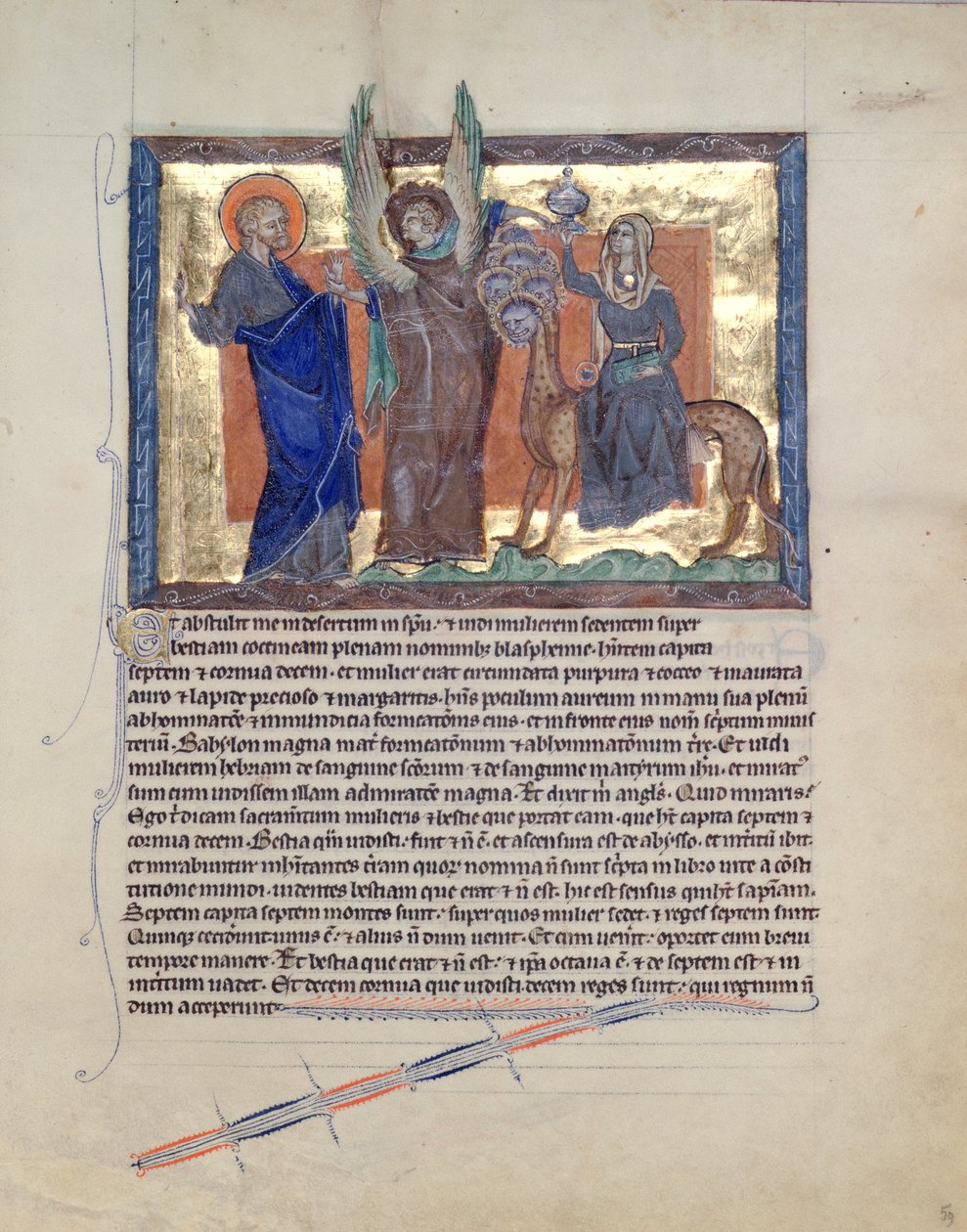 Ms L.A. 139-Lisboa fol.59 Anioł prowadzący św. Jana Ewangelistę do nierządnicy babilońskiej, z Apokalipsy Gulbenkian, c.1265-70 autorstwa English School