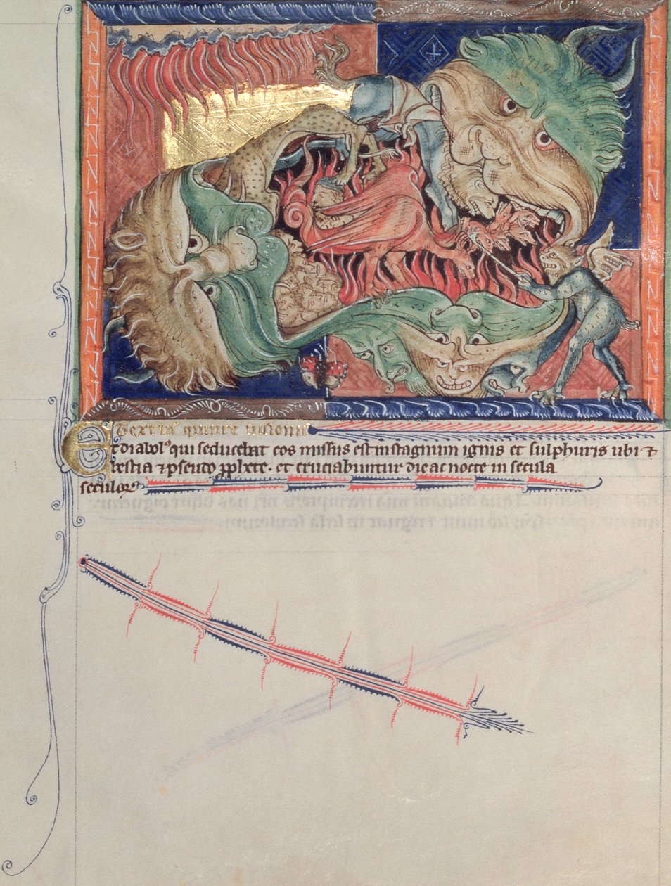 Ms L.A. 139-Lisboa fol.71 Szczęki piekła połykające czerwonego smoka, bestię morską i bestię ziemską, z Apokalipsy Gulbenkian, c.1265-70 autorstwa English School