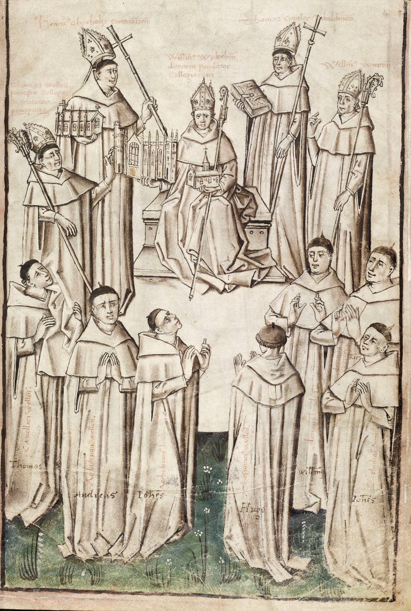 p. New Coll 288, f4r. (rękopis Chaundlera), Życie Williama z Wykeham autorstwa Thomasa Chaundlera (pióro i atrament oraz tempera na welinie) autorstwa English School