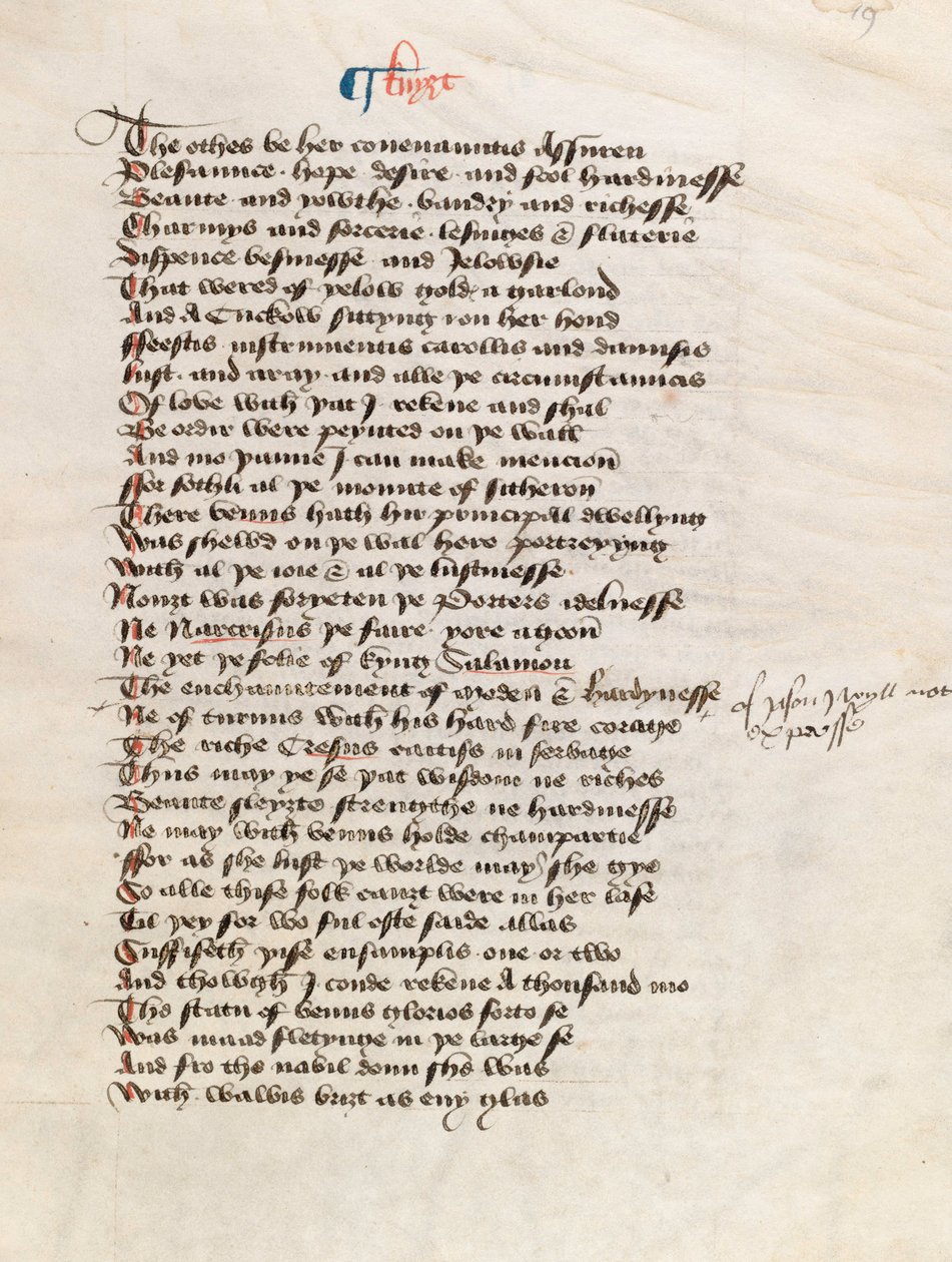 Ms. New Coll 314, f19r, The Canterbury Tales autorstwa Geoffreya Chaucera (pióro i atrament na welinie) autorstwa English School