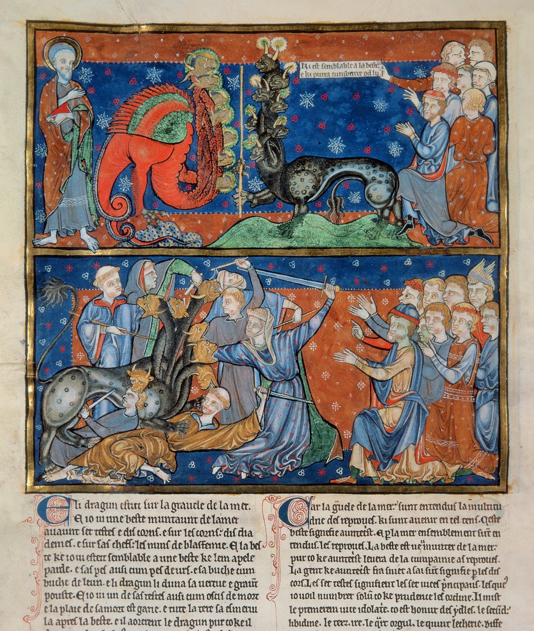 Ms R.16.2 f.14b Zabicie siedmiogłowej bestii, z Apokalipsy Trójcy Świętej, anglo-normańskie, ok. 1250 r. (welin) autorstwa English School