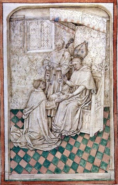 Pani R 14.5 f.8v Thomas Bekynton, biskup Bath i Wells, przyjmuje Chaundlera z mszału Abingdon, 1457-61 autorstwa English School
