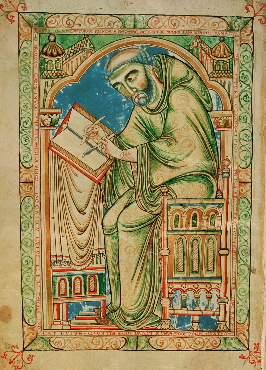 Ms R 17 I f.283v Monk Eadwine przy pracy nad rękopisem, Psałterz Eadwine, c.1150 (welum) autorstwa English School
