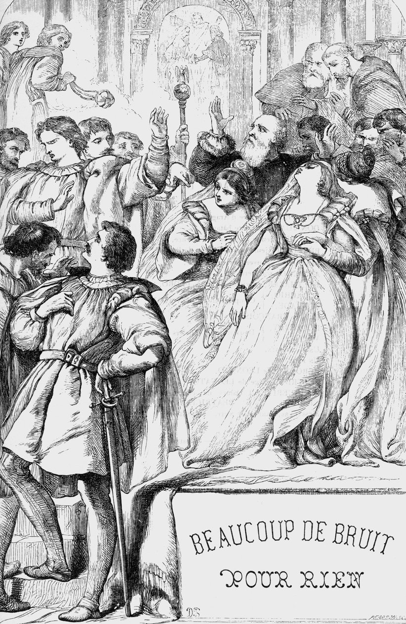 Wiele hałasu o nic – ilustracja w „” Works complete by William Shakespeare”” 1866 – Ilustracje i ogólna forma tego wydania są zapożyczone z ilustrowanego Szekspira Cassella, opublikowanego w Londynie autorstwa English School