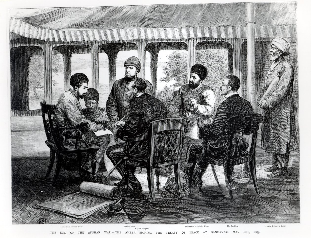 Muhammad Yaqub Khan (1849-1923) podpisuje traktat pokojowy w Gundamak 26 maja 1879 r. autorstwa English School