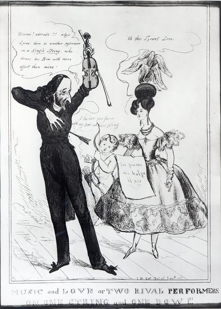 „Muzyka i miłość lub dwóch rywali na jednej strunie i jednym smyczku”, karykatura Hectora Berlioza (1803-69) i Harriet Smithson (1800-54) autorstwa English School