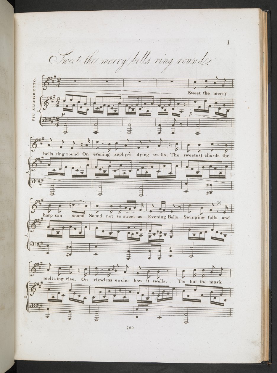 Partytura muzyczna „Sweet the Merry Bells Ring Round” John Clare & F.W. Crouch, strona 1, c.1820 (druk) autorstwa English School