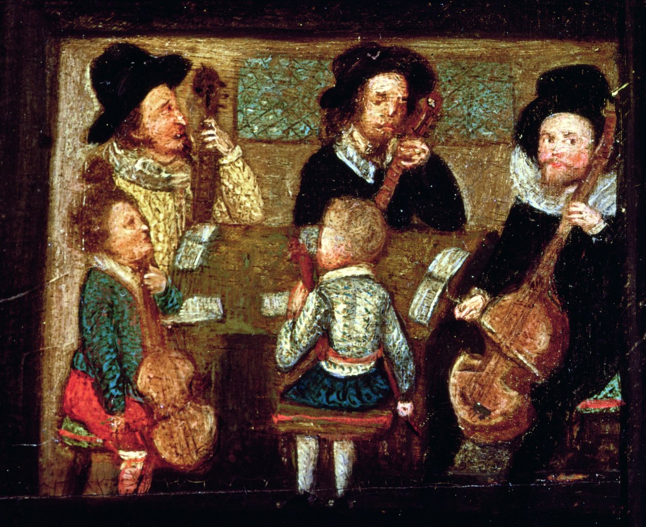 Muzycy w Wadley House, fragment z The Life and Death of Sir Henry Unton (1557-96), c.1596 (patrz także 99909) autorstwa English School