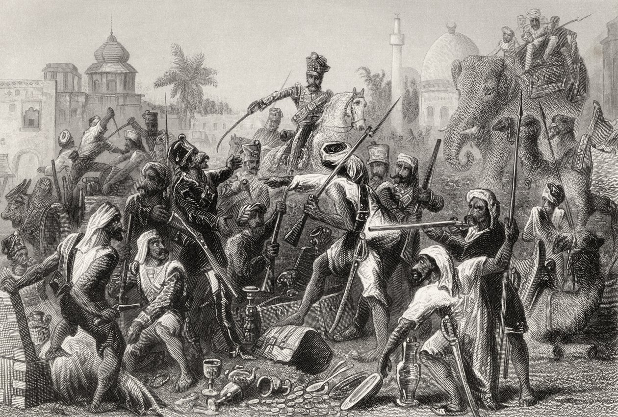Buntowniczy sipajowie dzielący łupy z „Historii buntu indyjskiego”, opublikowanej w 1858 r. autorstwa English School