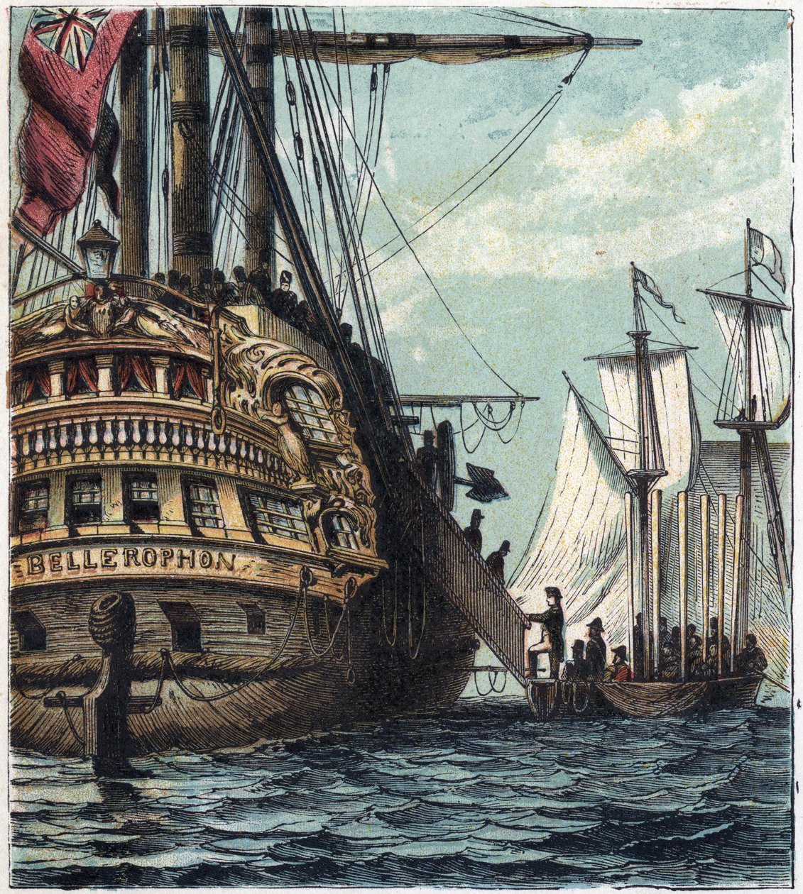 Napoleon I zostaje dostarczony Anglikom. Wejście na pokład z Napoleona do Sainte-Helene (Sainte Helene) na pokładzie Bellerophon 15 lipca autorstwa English School