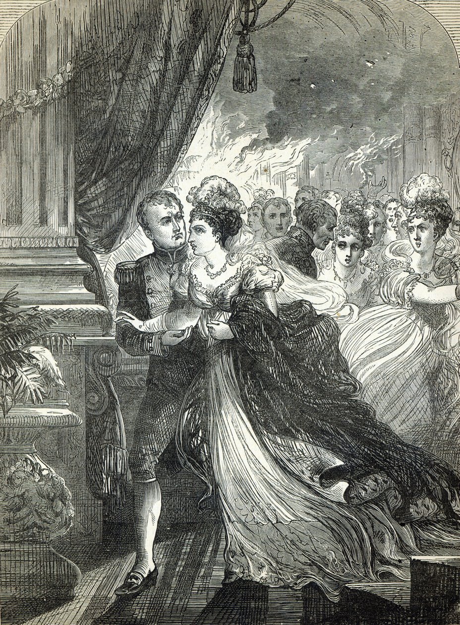 Napoleon i Marie-Louise uciekają przed pożarem na balu wydanym 1 lipca 1810 r. przez ambasadora Austrii na cześć małżeństwa cesarskiej pary autorstwa English School