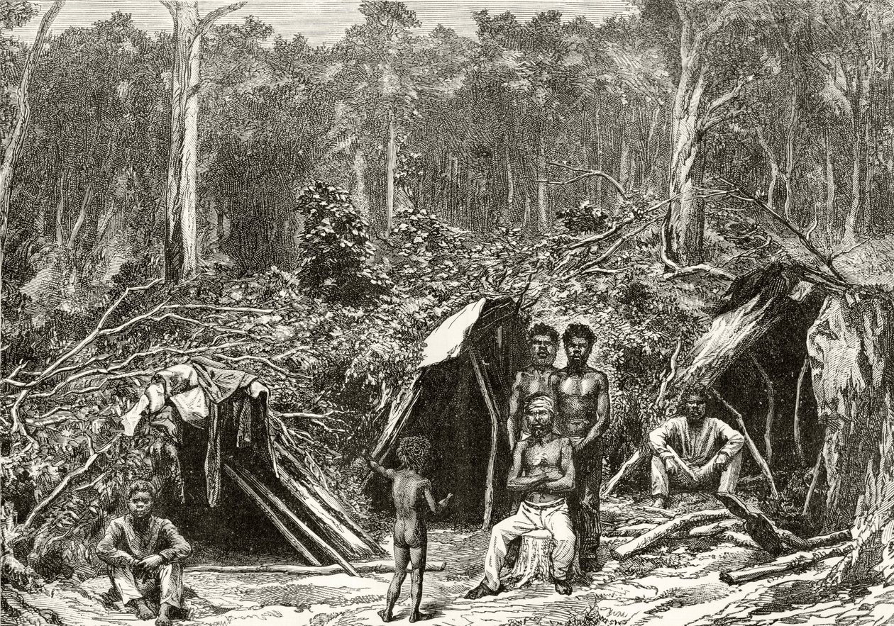 Native Aboriginie Encampment, ok. 1880, z „Australian Pictures” Howarda Willoughby, opublikowane przez religijne Towarzystwo Traktu, Londyn, 1886 autorstwa English School