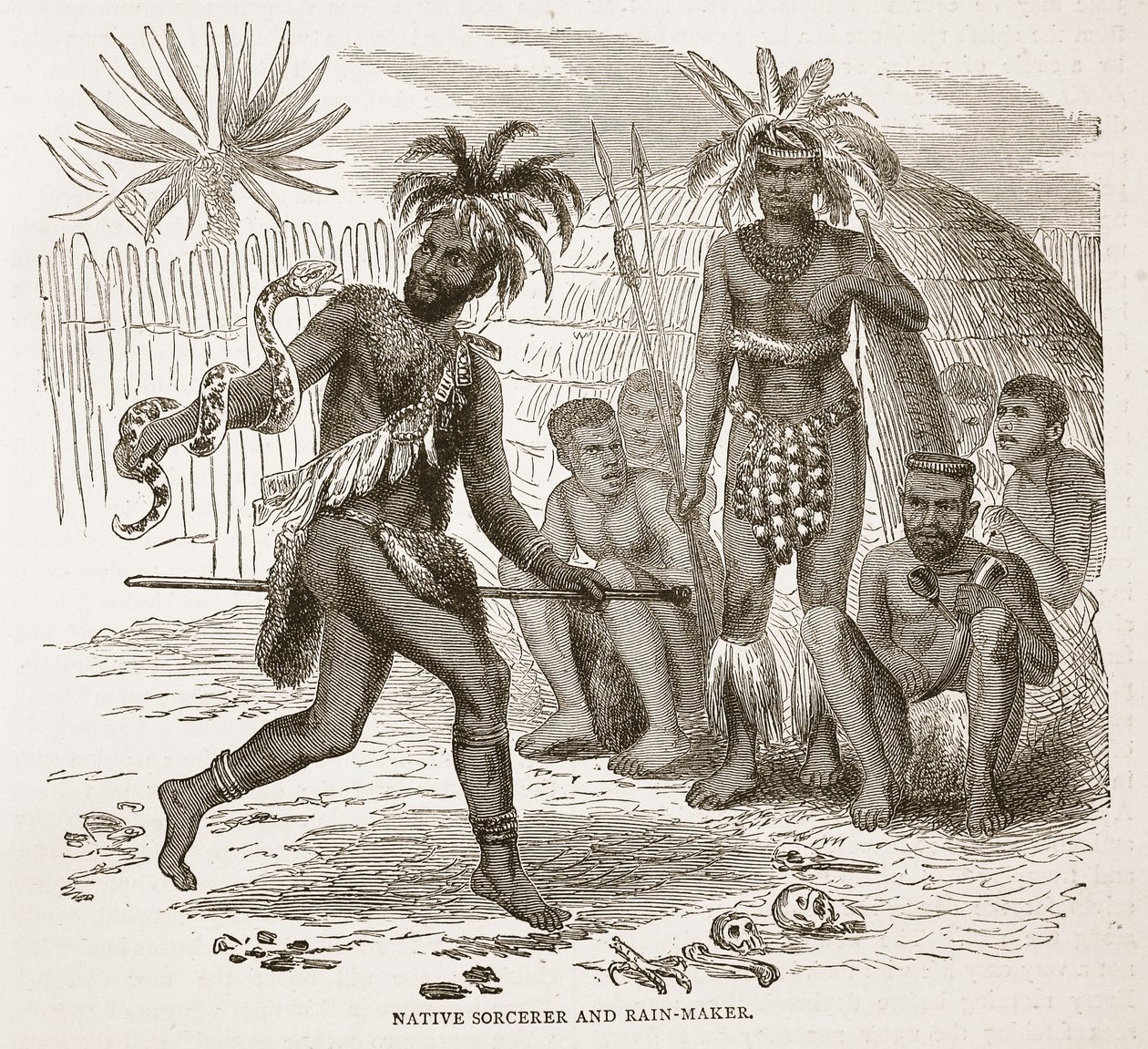 Native Sorcerer and Rain-maker, ilustracja z The Pictorial Edition of the Life and Discoveries of David Livingstone by J. Ewing Richie, wyd. przez A. Fullartona & Co., 1876 autorstwa English School