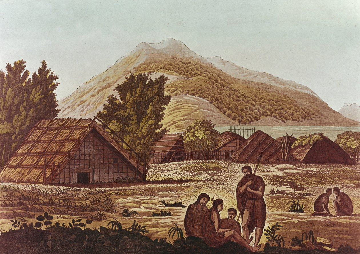 Tubylcy, z chatami i górami za, grawerowane przez F. Fumagalli (kolorowe grawerowanie) autorstwa English School