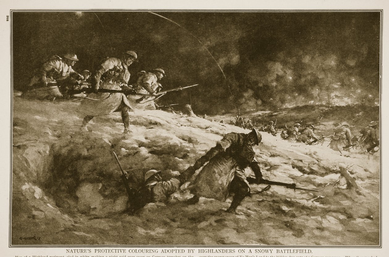 Kolorystyka ochronna natury przyjęta przez górali na zaśnieżonym polu bitwy, 1914-19 autorstwa English School