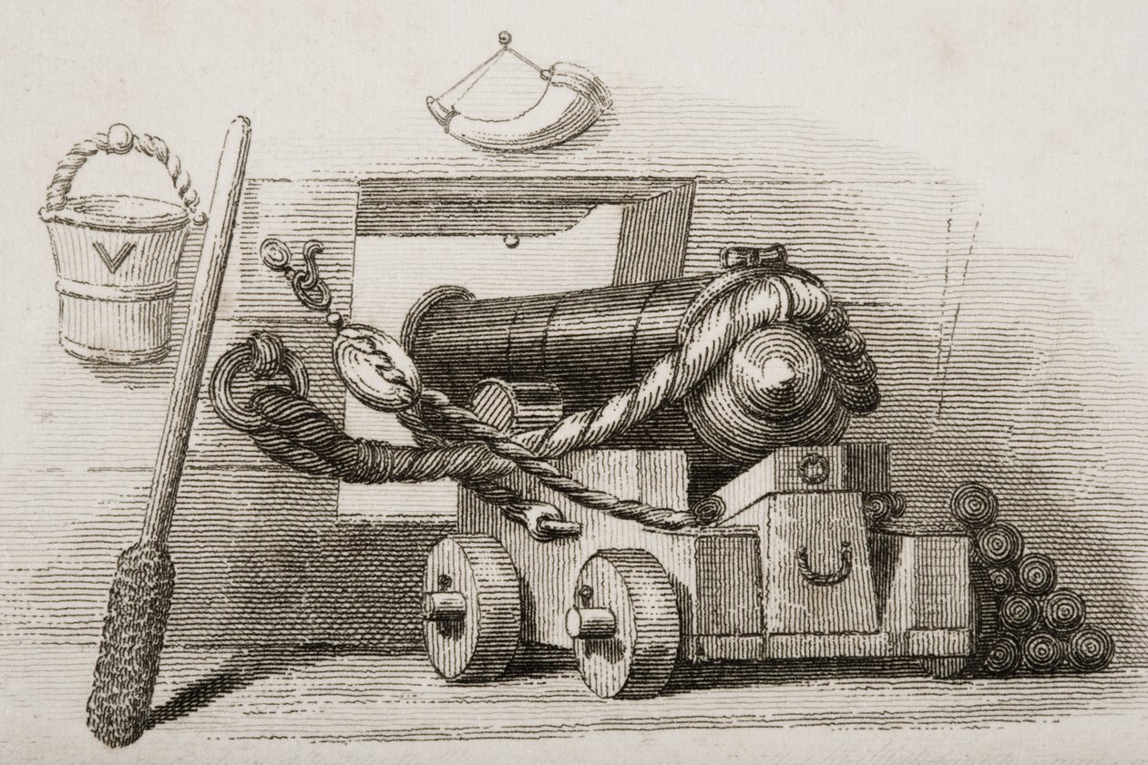 Kanon marynarki wojennej, ilustracja z Anglii Bitwy morskie i lądowe autorstwa Lieuta. płk Williams autorstwa English School