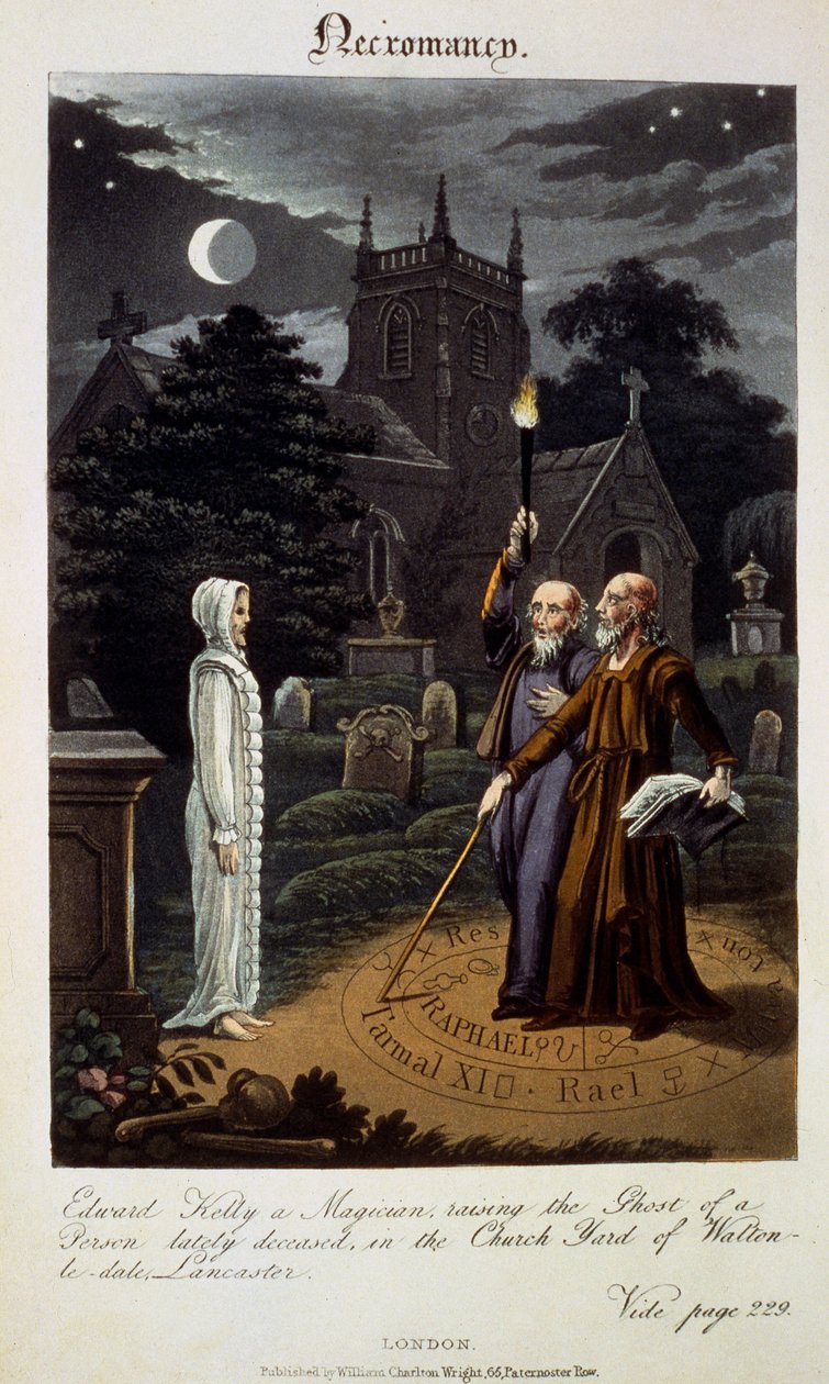 Nekromancja: Edward Kelly, magik, wskrzeszający Ducha osoby niedawno zmarłej na dziedzińcu kościelnym w Walton-le-dale, Lancaster, z „Astrologa XIX wieku” Roberta Crossa autorstwa English School