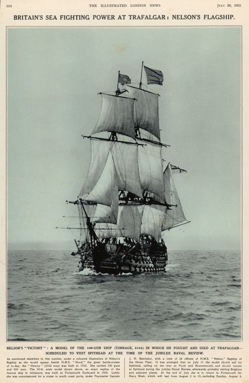 Nelsons Victory: model 100-działowego statku, na którym walczył i zginął pod Trafalgarem, z The Illustrated London News Royal Naval and Military Review Number, 20 lipca 1935 autorstwa English School