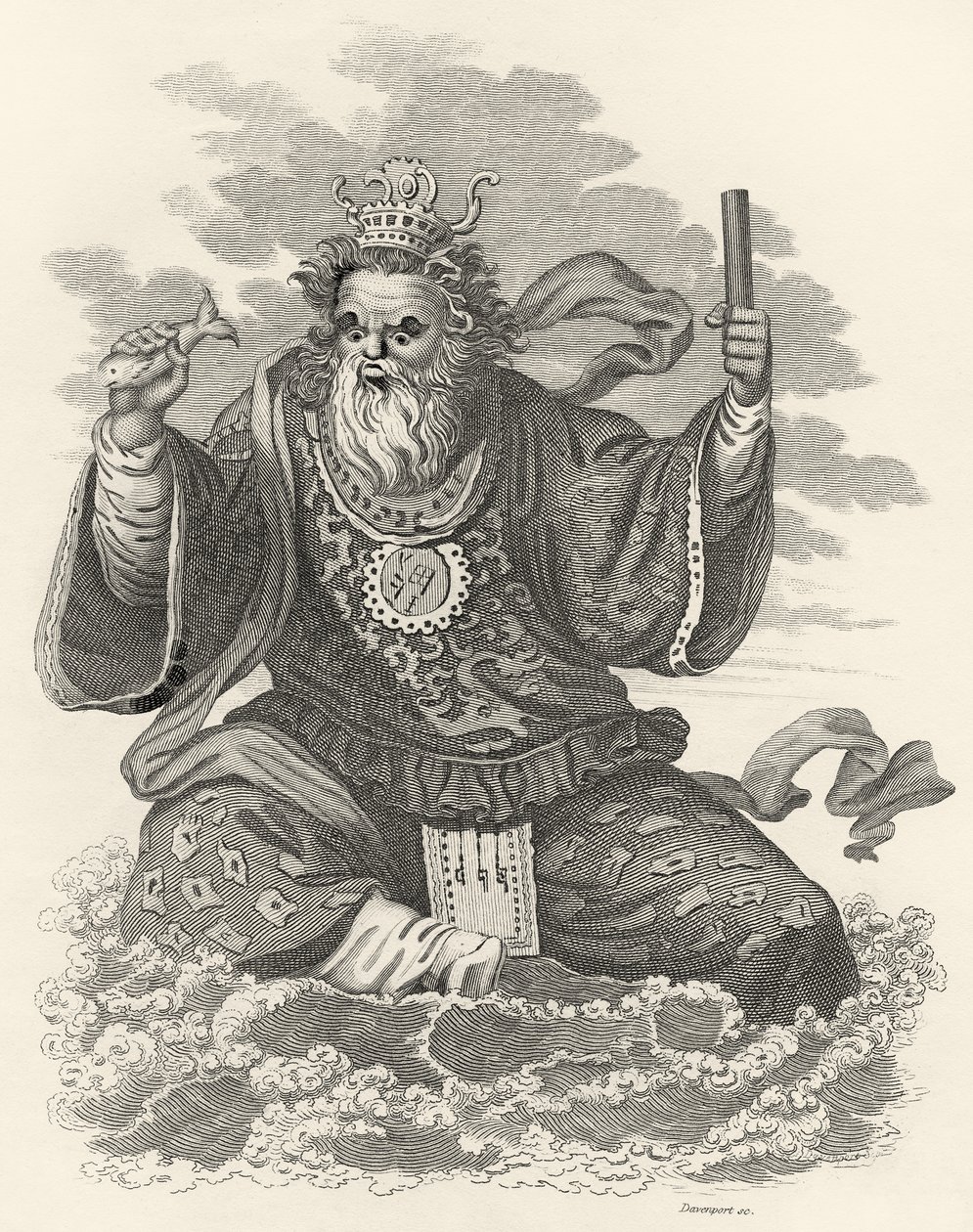 Neptun Chińczyków, ilustracja z The World: or the present State of the Universe, będąca ogólnym i kompletnym zbiorem nowoczesnych podróży i podróży, Cavendish Pelham, Londyn autorstwa English School