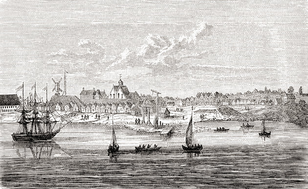 Nowy Amsterdam, XVII-wieczna holenderska osada na południowym krańcu wyspy Manhattan w Ameryce, z ilustrowanej historii świata Warda i Locka, wyd. ok. 1882 r. autorstwa English School