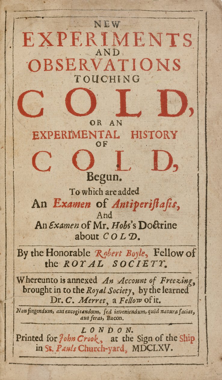 Nowe eksperymenty i obserwacje dotyczące zimna, czyli eksperymentalna historia zimna — Robert Boyle autorstwa English School