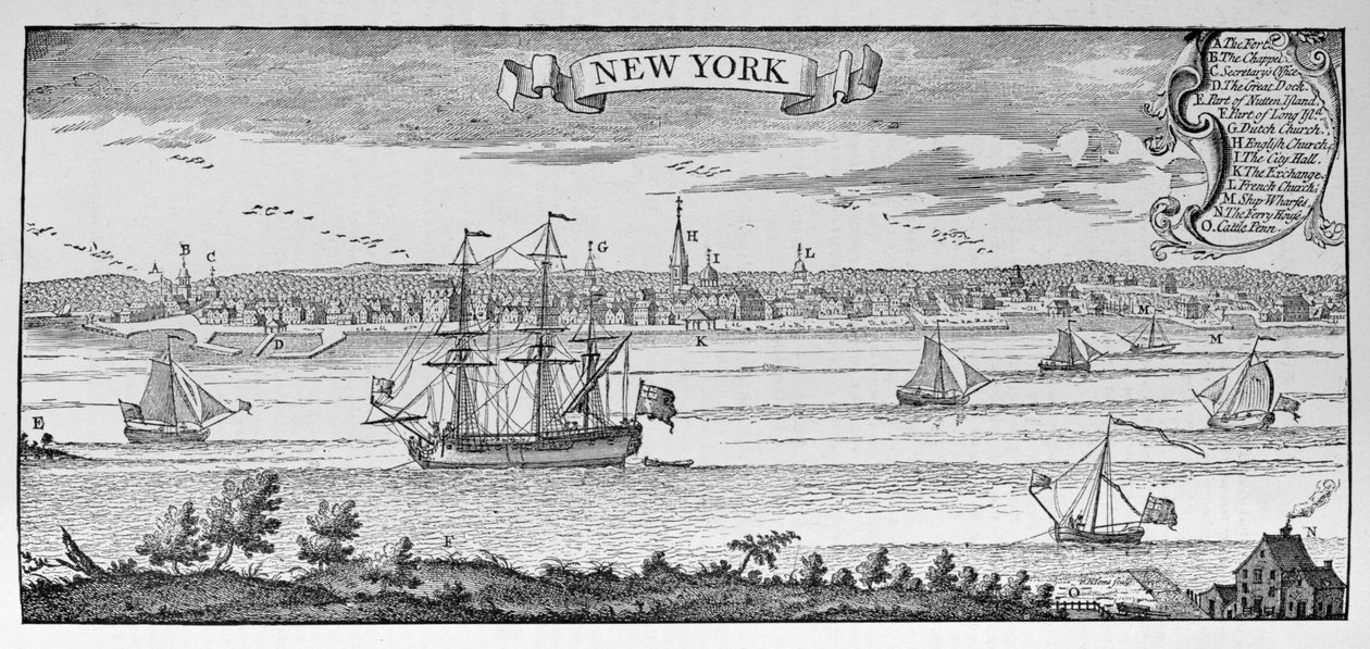 Nowy Jork w 1732 r., ilustracja z tomu V „Narrative and Critical History of America”, 1887 (rycina) autorstwa English School