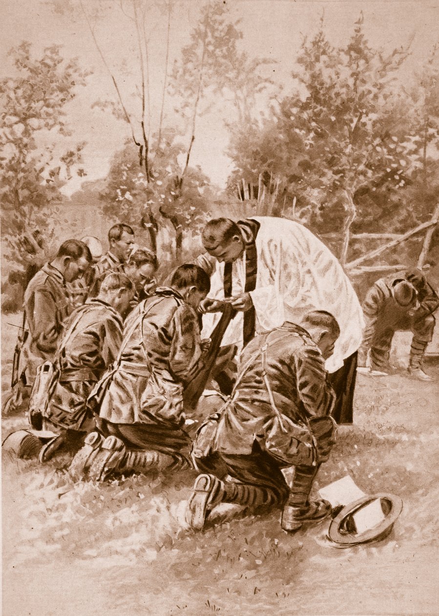 Kapelan armii nowozelandzkiej udzielający Komunii Świętej żołnierzom przed bitwą, 1914-19 autorstwa English School