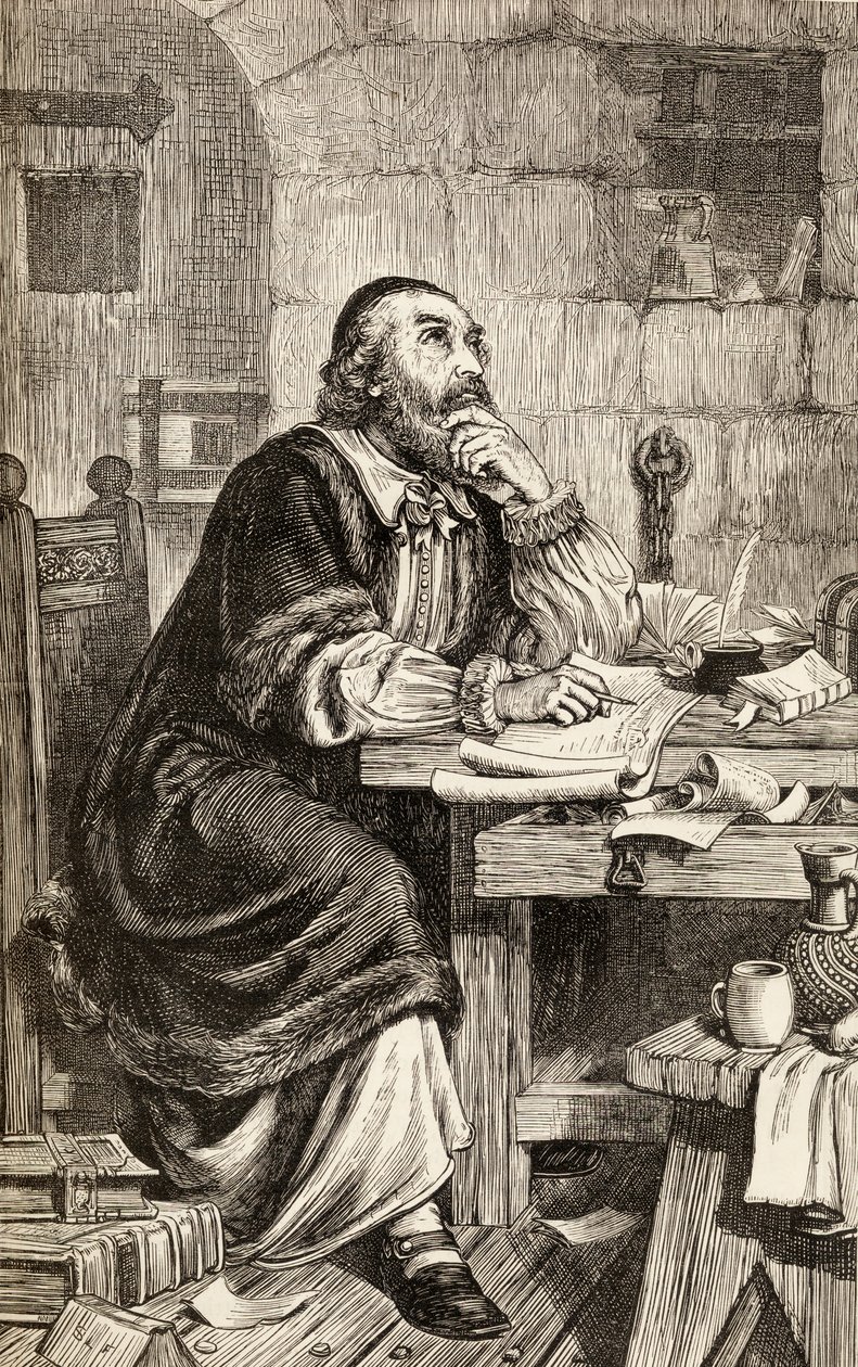 Nicholas Ridley piszący listy w więzieniu w oczekiwaniu na egzekucję, ok. 1865 (drewno) autorstwa English School