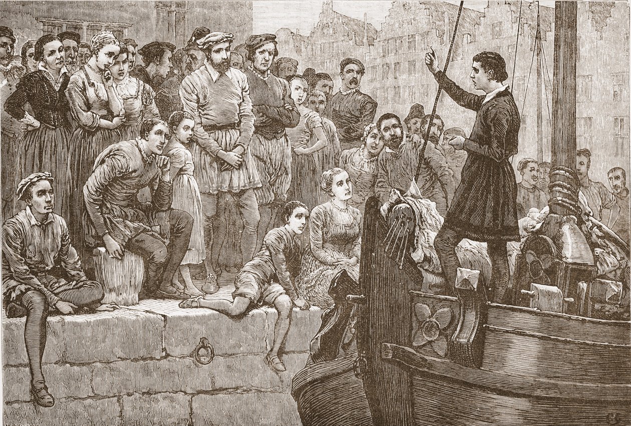 Mikołaj przemawia do tłumu z łodzi na Skaldzie, ilustracja z Historii protestantyzmu Jamesa Aitkena Wylie (1808-1890), wyd. 1878 autorstwa English School