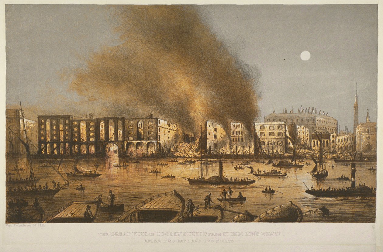 Nocny widok pożaru w 1861 roku na Tooley Street, Bermondsey, 1861 autorstwa English School