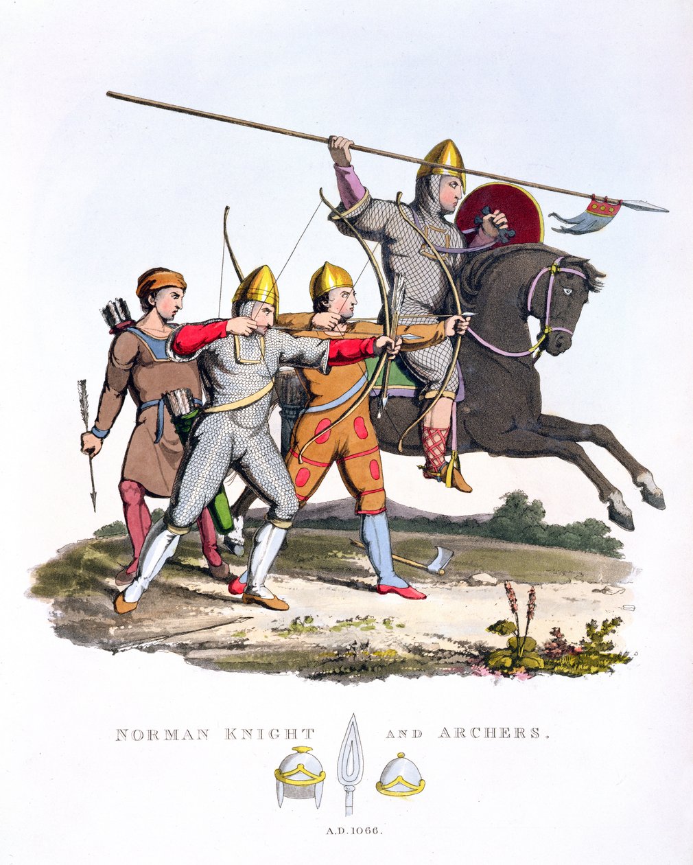 Norman Knight and Archers, 1066, z Ancient Armor, Samuel Rush Meyrick, 1824 autorstwa English School