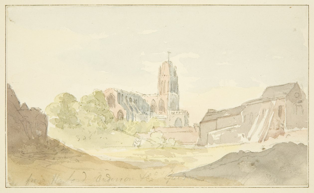 Północno-wschodni widok St Mary Redcliffe z Harford Anderson Garden (ołówek i akwarela na papierze) autorstwa English School