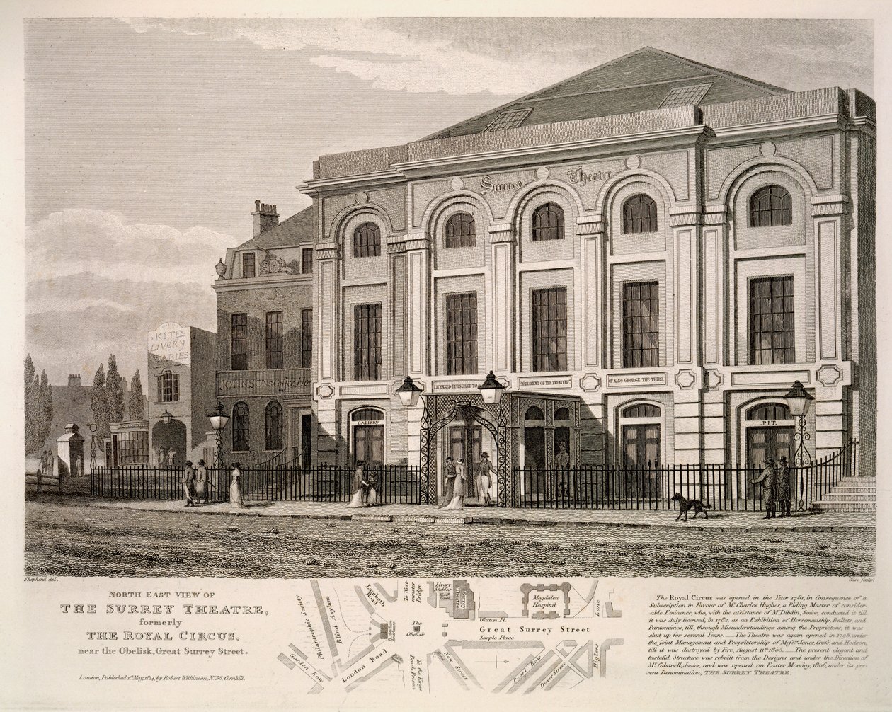 North East widok na Surrey Theatre, dawniej The Royal Circus w pobliżu obelisku, Great Surrey Street, 1814 autorstwa English School