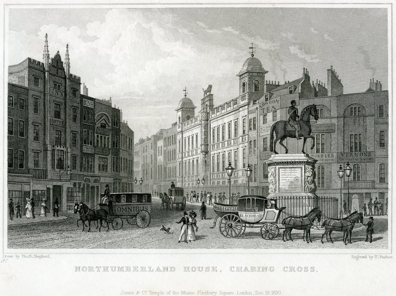 Northumberland House, Charing Cross. Biuro Loterii Bishs, nr 9 Charing Cross, znajduje się tuż obok hotelu Golden Cross autorstwa English School