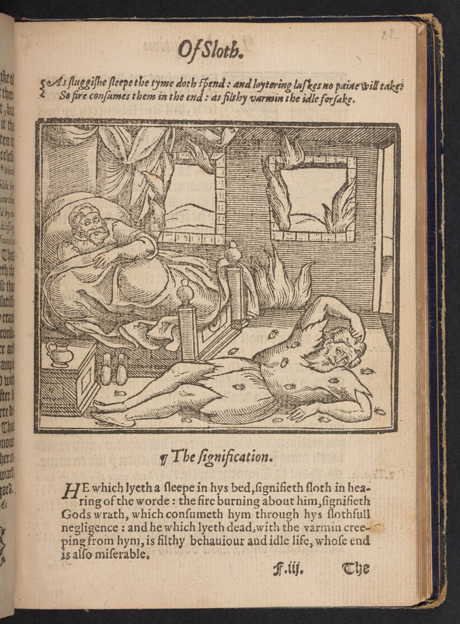 "O lenistwie", z "A christall glasse of Christian reformation, where the godly maye watch the coloured abuses vsed in this our present time", autorstwa Stephena Batmana. autorstwa English School